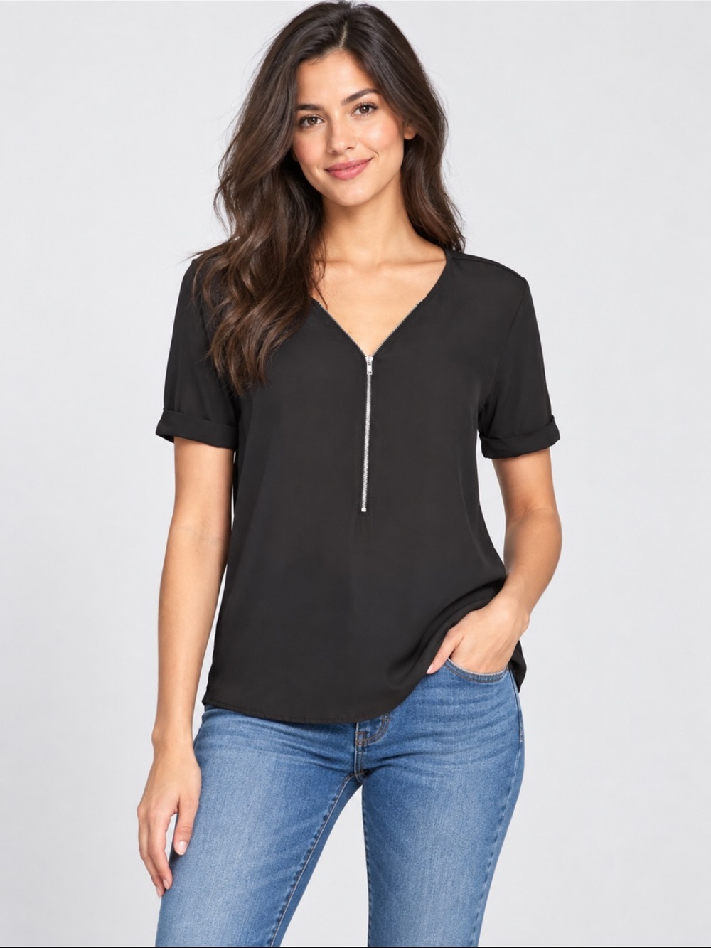 Apt. 9 Black Half Zip Mixed Media Blouse Short Sleeve Top Women’s Large